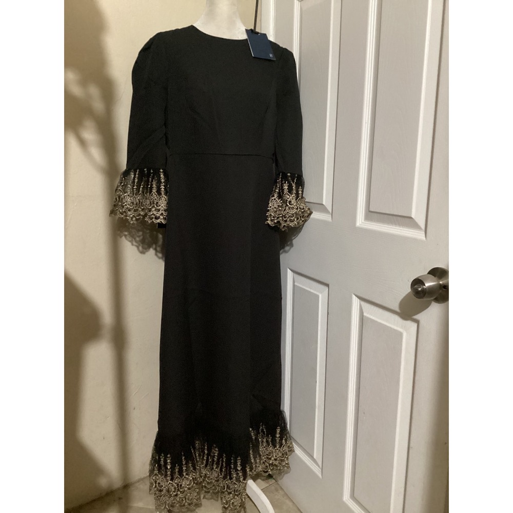 Pomander Place Womens Black Gold Lace Trim Maxi Dress B1448 Large NWT